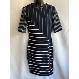Zara Navy Blue Striped Asymmetrical Midi Bodycon Sheath Dress Classy Cocktail M